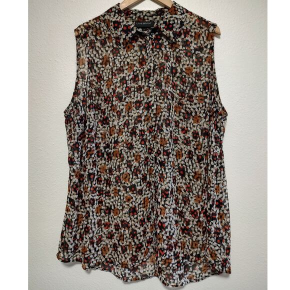 Lane Bryant Tops - Lane Bryant Black Brown Red Abstract Sleeveless Sheer Button Front Top Size 24
